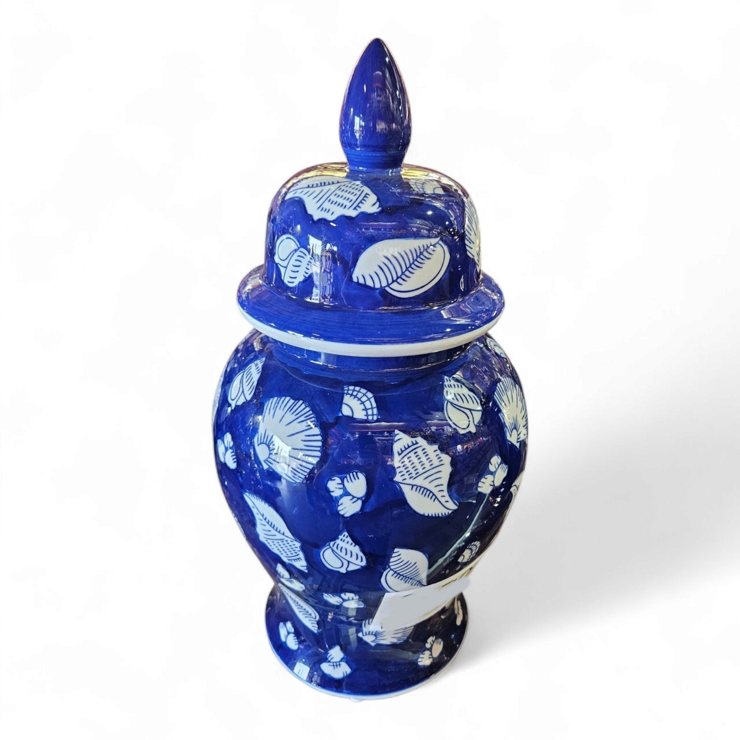 20" Porcelain Olokun Jar Potiche for Santería – Handcrafted Ritual Vase for Orisha Offering & Spiritual Altars – Eleggua, Yemaya, Ocean Deity Decor (Deep Sea Shells – Blue Glossy with White Shells)