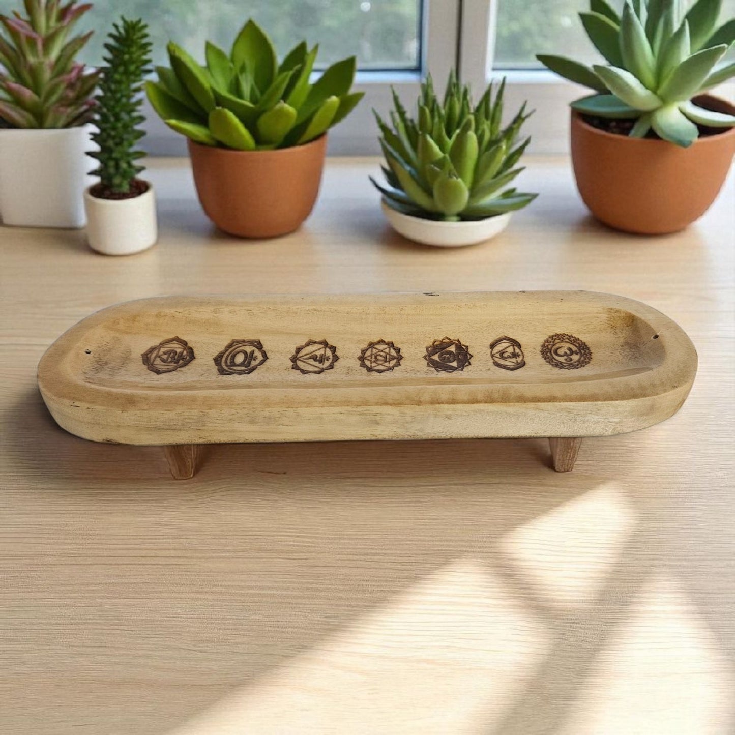 Wooden Chakra Incense Holder – Handcrafted Ash Catcher for Stick Incense | 7 Chakra Symbols Burner | Meditation & Spiritual Decor