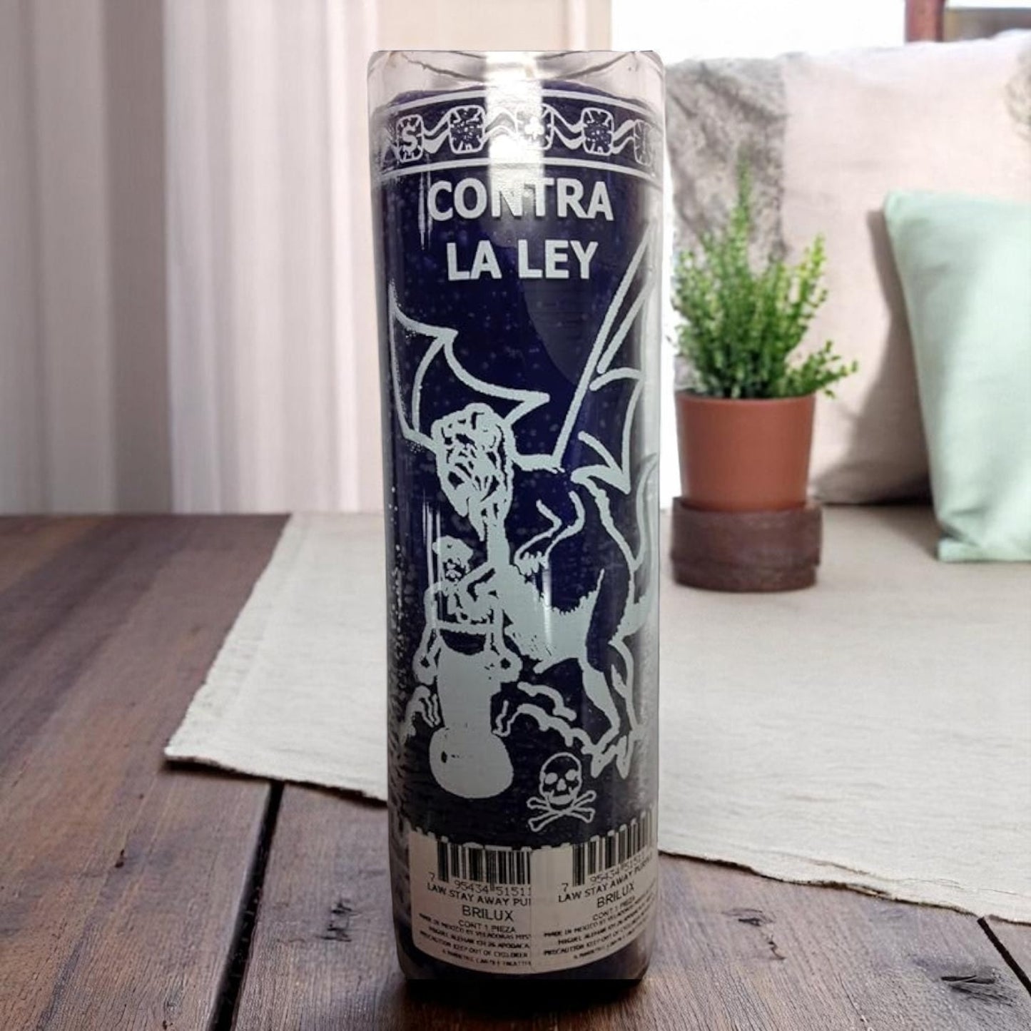 Prayer Candle 7 Day Against The Law 8" Vela Contra la Ley Unscented Pillar Candle in Glass