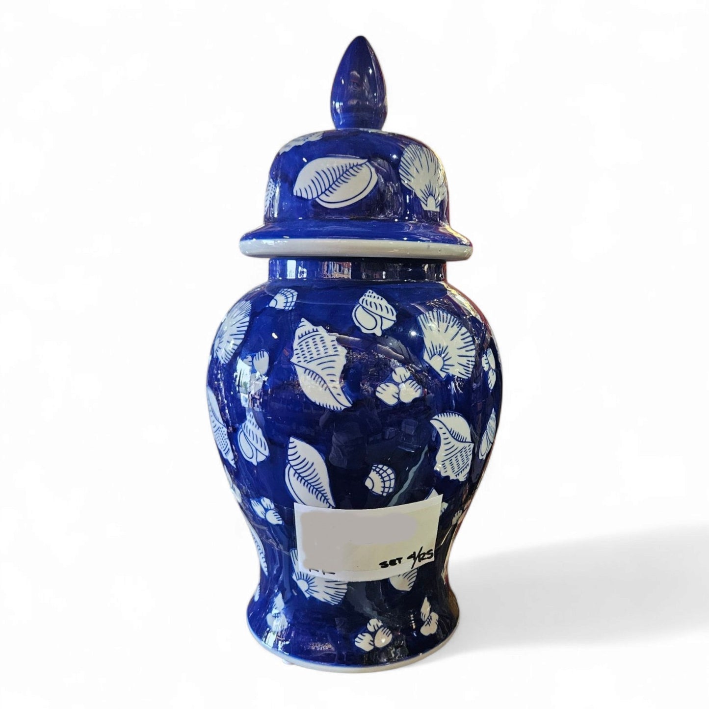 20" Porcelain Olokun Jar Potiche for Santería – Handcrafted Ritual Vase for Orisha Offering & Spiritual Altars – Eleggua, Yemaya, Ocean Deity Decor (Deep Sea Shells – Blue Glossy with White Shells)