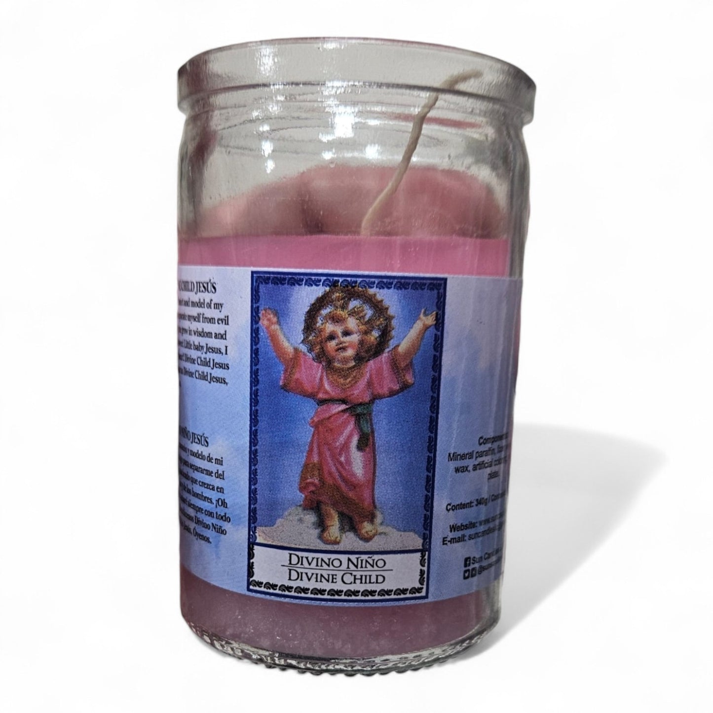 Prayer Candle 28 Hours Divine Child Jesus 3.5" inch Vela de Divino Niño de Jesús Unscented Pillar Candle in Glass