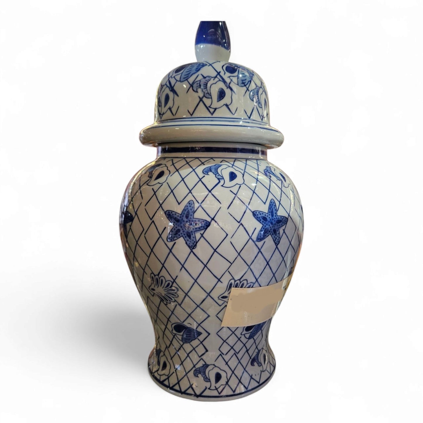 20" Porcelain Olokun Jar Potiche for Santería – Handcrafted Ritual Vase for Orisha Offering & Spiritual Altars – Eleggua, Yemaya, Ocean Deity Decor (Deep Sea Shells – Blue Glossy with White Shells)
