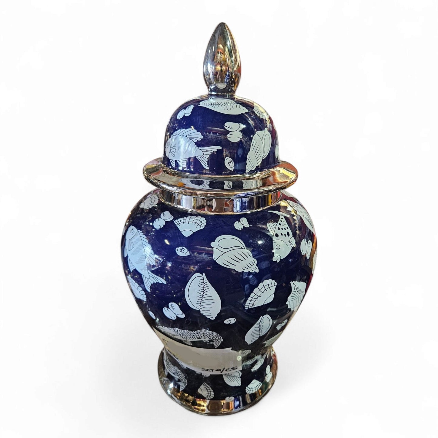20" Porcelain Olokun Jar Potiche for Santería – Handcrafted Ritual Vase for Orisha Offering & Spiritual Altars – Eleggua, Yemaya, Ocean Deity Decor (Deep Sea Shells – Blue Glossy with White Shells)