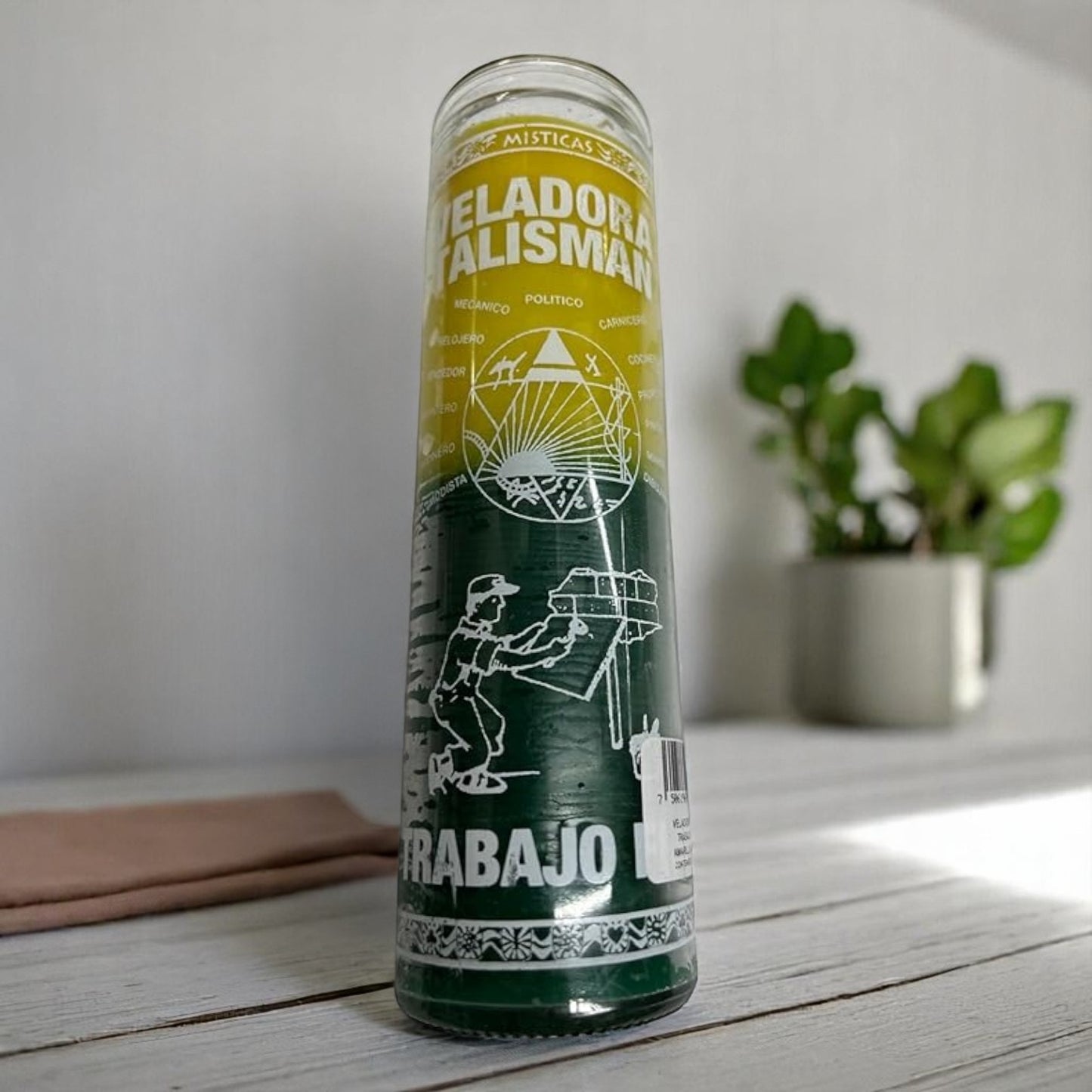 Prayer Candle 7 Day Talisman of Work 8" Talisman del Trabajo Unscented Pillar Candle in Glass