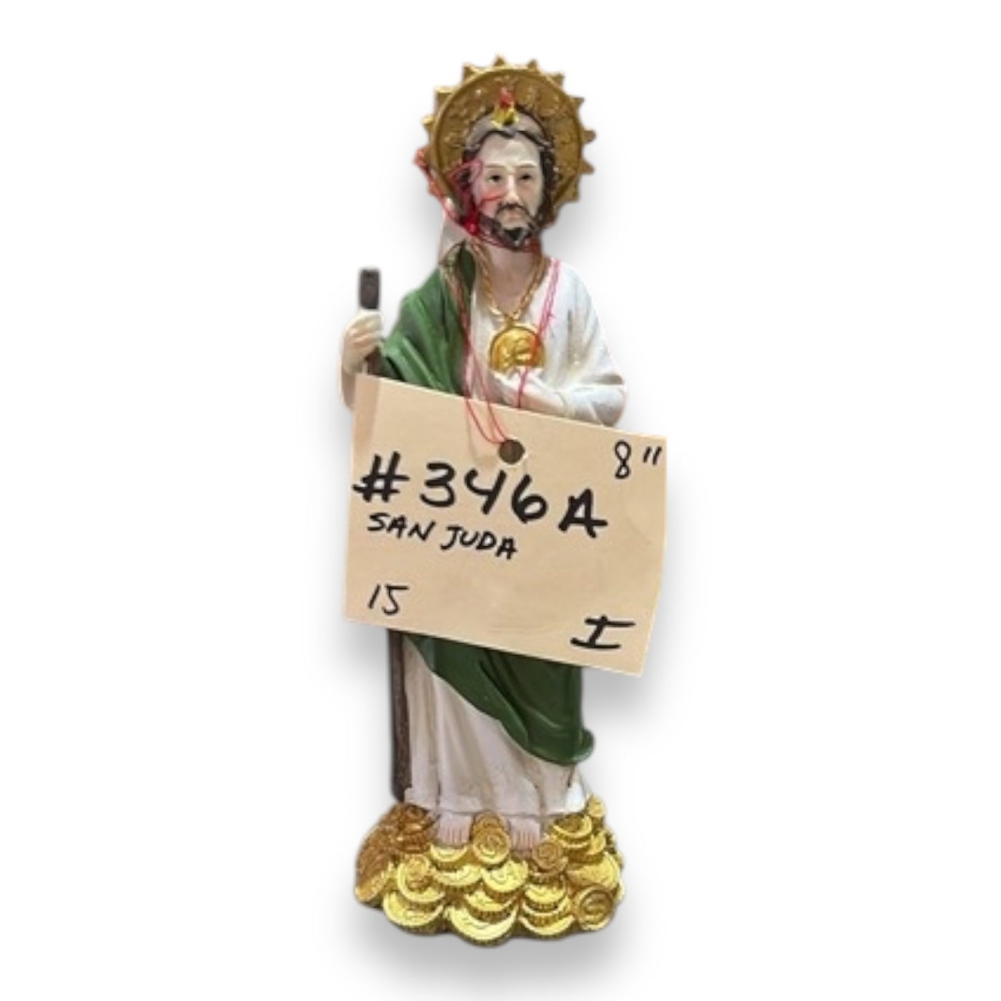 San Judas - Saint Jude Thaddaeus 8” Resin Figurine – Standing on Gold Coins, Religious Statue