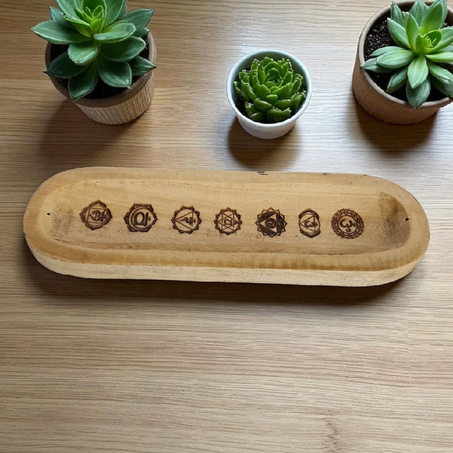 Wooden Chakra Incense Holder – Handcrafted Ash Catcher for Stick Incense | 7 Chakra Symbols Burner | Meditation & Spiritual Decor