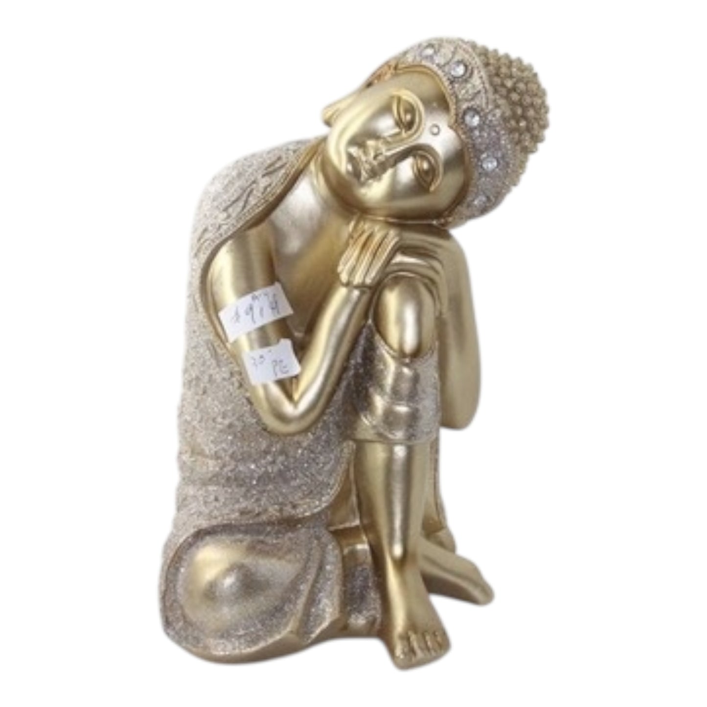 Golden Buddha Head Resting on Knee - Religious Statue Figurine