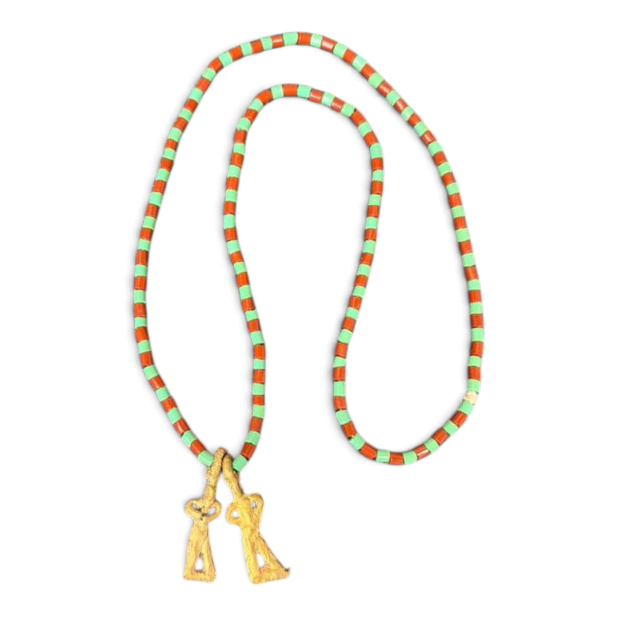 Otutu Opon Eleke Necklace with Edan Charms, Red and Green Beaded Yoruba Santeria Spiritual Collar Og