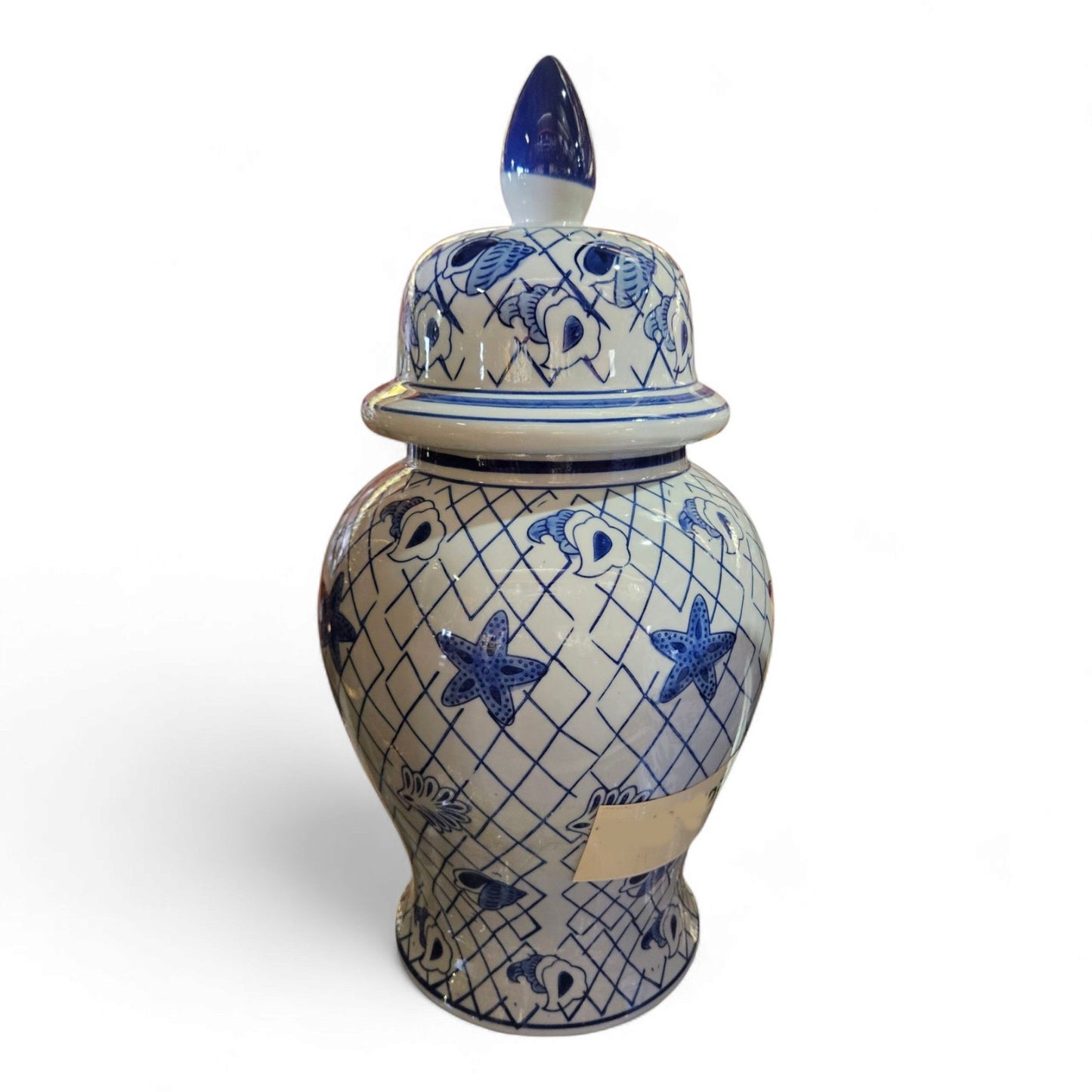 20" Porcelain Olokun Jar Potiche for Santería – Handcrafted Ritual Vase for Orisha Offering & Spiritual Altars – Eleggua, Yemaya, Ocean Deity Decor (Deep Sea Shells – Blue Glossy with White Shells)