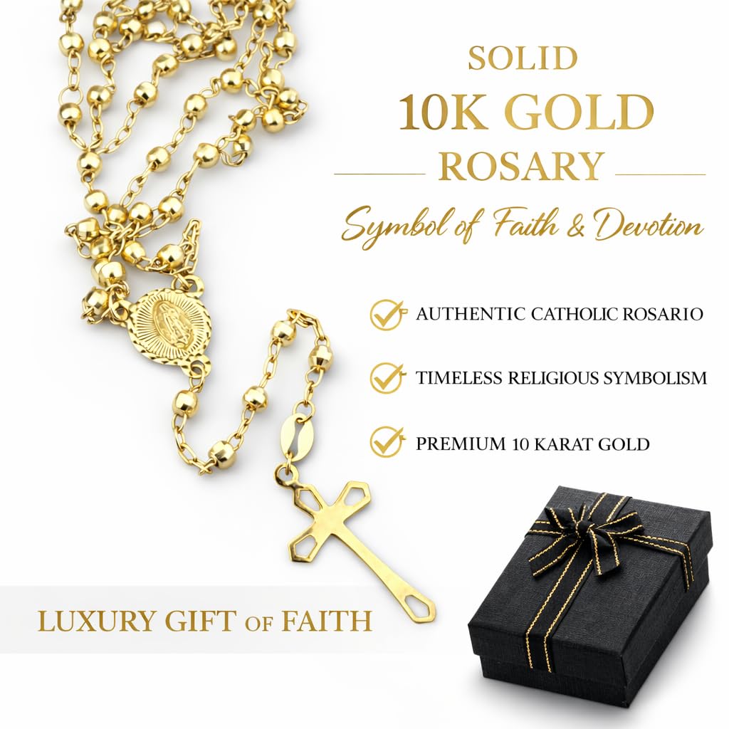 Real 10K Solid Gold Rosary Necklace – 10 Karat Yellow Gold