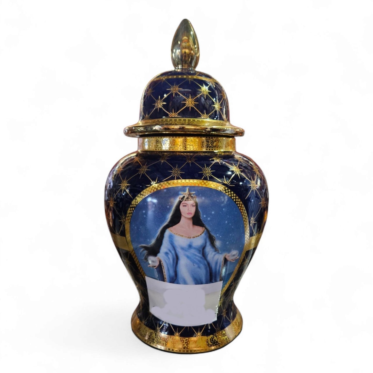 20" Porcelain Olokun Jar Potiche for Santería – Handcrafted Ritual Vase for Orisha Offering & Spiritual Altars – Eleggua, Yemaya, Ocean Deity Decor (Deep Sea Shells – Blue Glossy with White Shells)