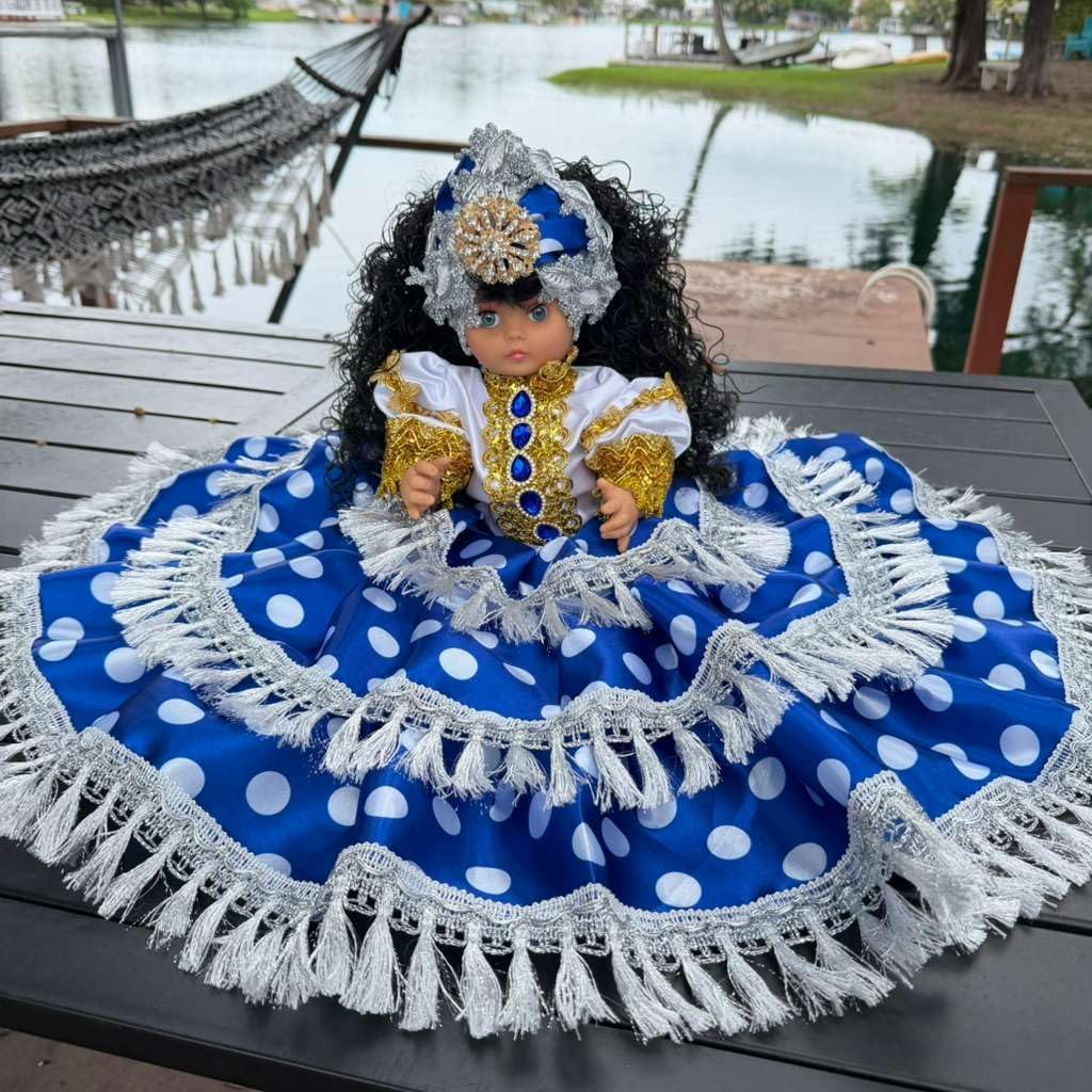 Blue and White Gitana Muneca Spiritual – Yoruba Altar Decor with Silver Fringe Dress and Decorative