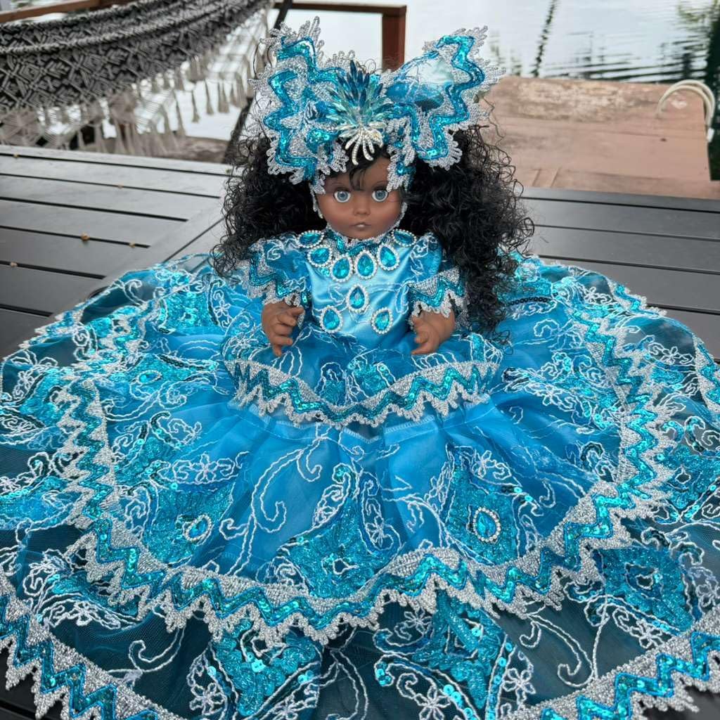Blue Gitana Muneca Spiritual – Yoruba Altar Decor with Embroidered Dress and Decorative Headpiece