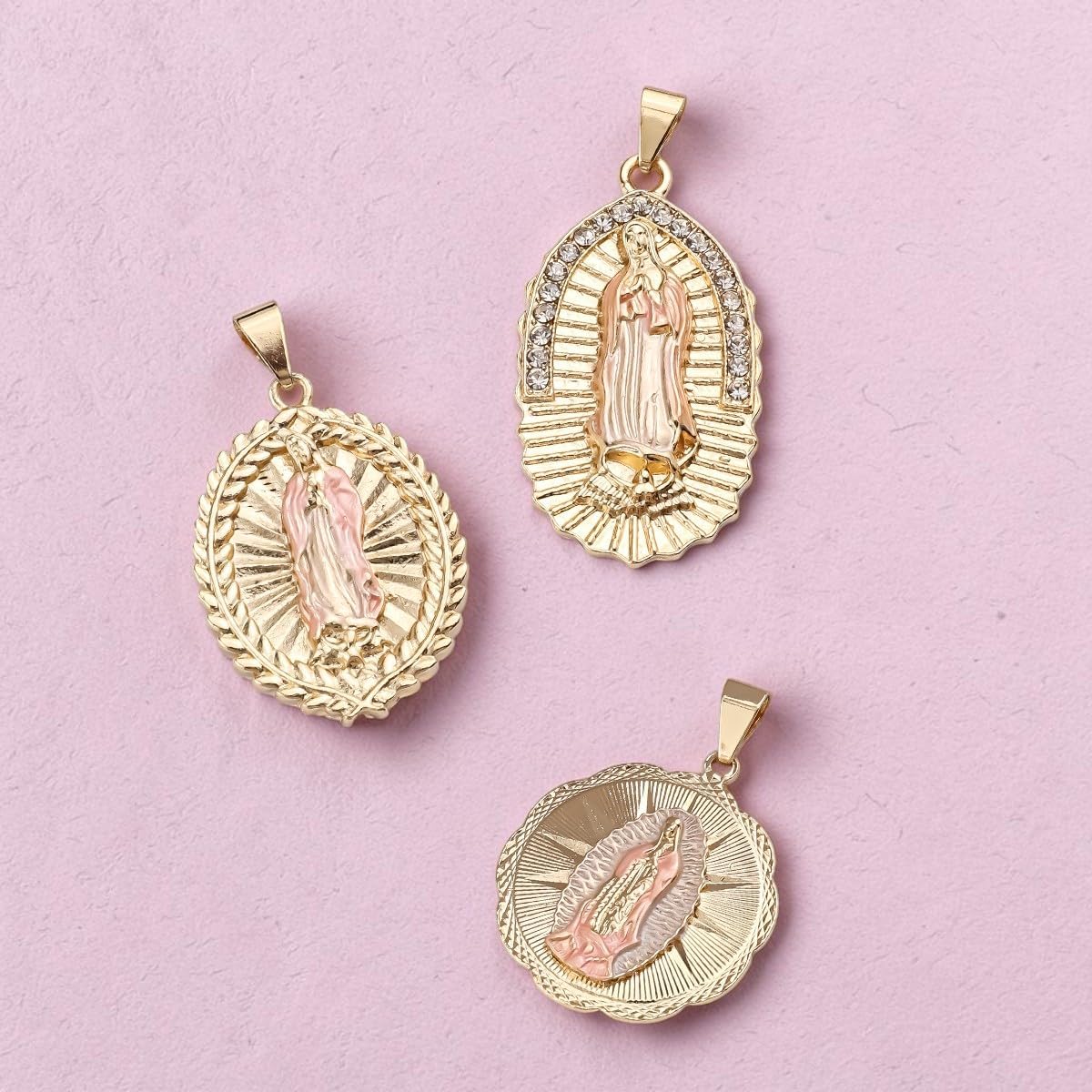 14K Oro Laminado Virgen de Guadalupe Dije, Three Tone Catholic Religious Pendant Charm, Virgin Mary