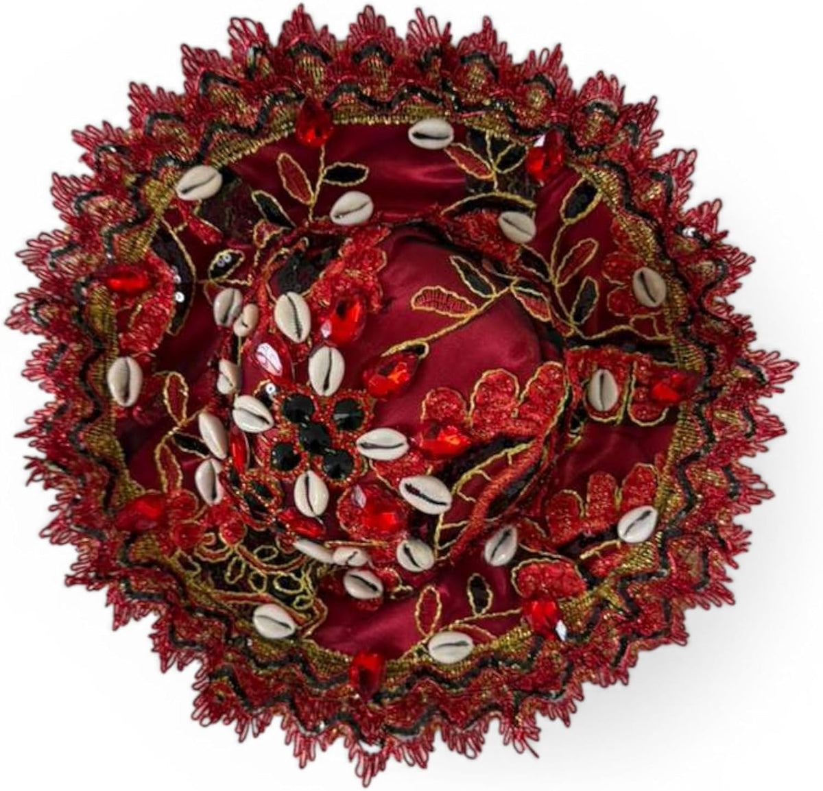 Sombrero de Elegua Santeria - Handmade Red Black Orisha Hat with Cowrie Shells, Yoruba Spiritual Rit