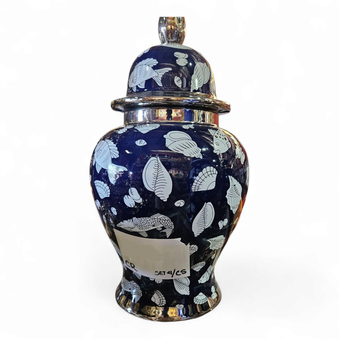 20" Porcelain Olokun Jar Potiche for Santería – Handcrafted Ritual Vase for Orisha Offering & Spiritual Altars – Eleggua, Yemaya, Ocean Deity Decor (Deep Sea Shells – Blue Glossy with White Shells)