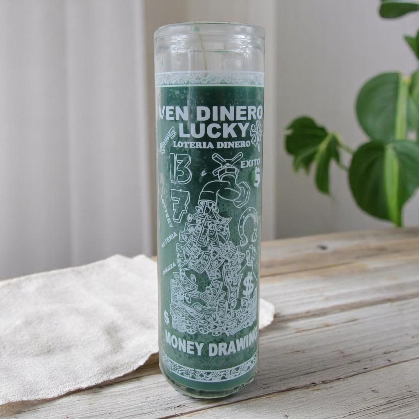 Prayer Candle 7 Day Money Drawing and Lucky 8" Dinero y Suerte Unscented Pillar Candle in Glass