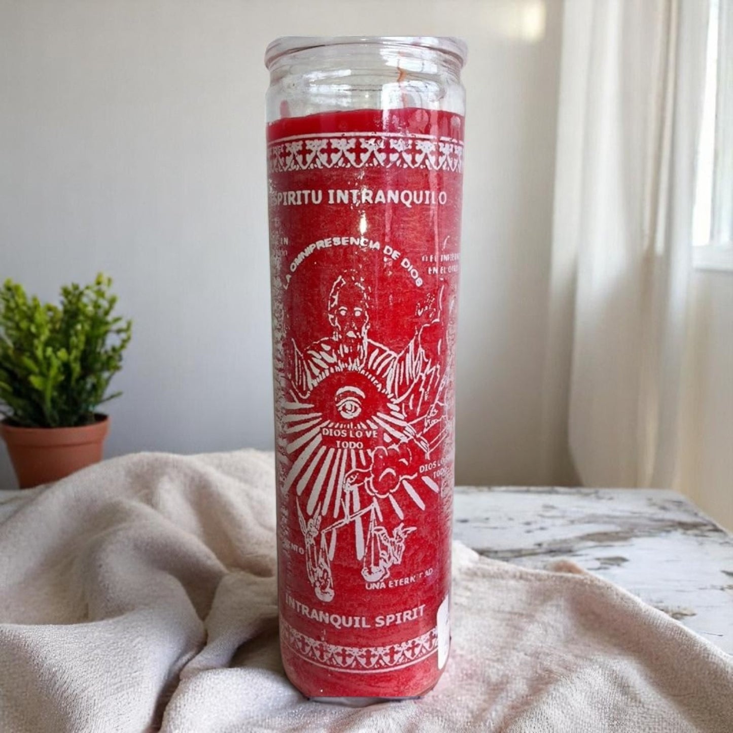 Prayer Candle 7 Day Intranquil Spirit 8" Vela de Espíritu Intranquilo Unscented Pillar Candle in Glass