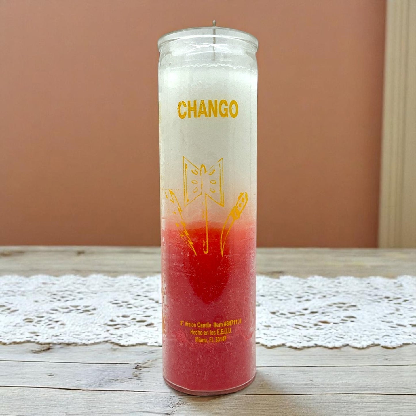 Prayer Candle 7 Day Chango 8" Vela de Chango Unscented Pillar Candle in Glass
