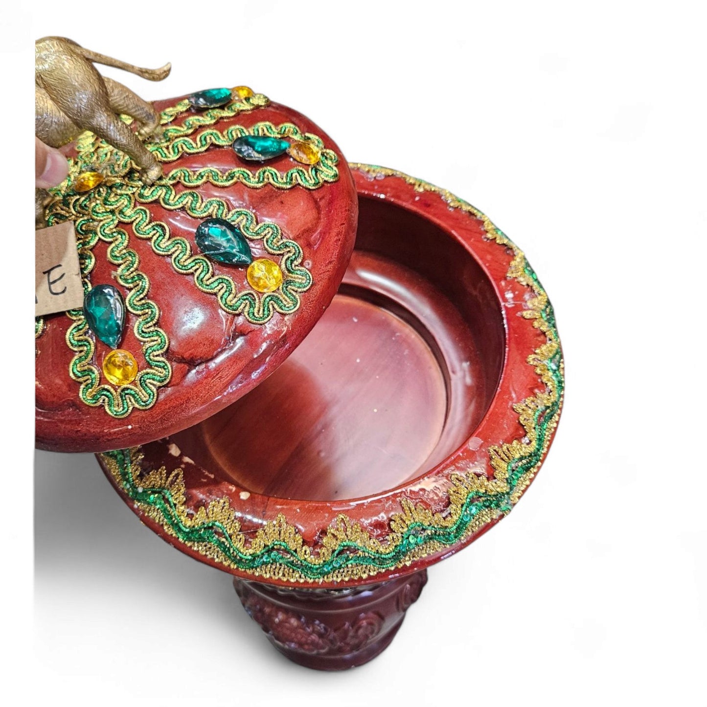 Set of 2 - Orula Pilon & Batea with Elephant – Handcrafted Santería Offering Bowl with Beaded Embellishments – Yoruba Ritual Altar Piece