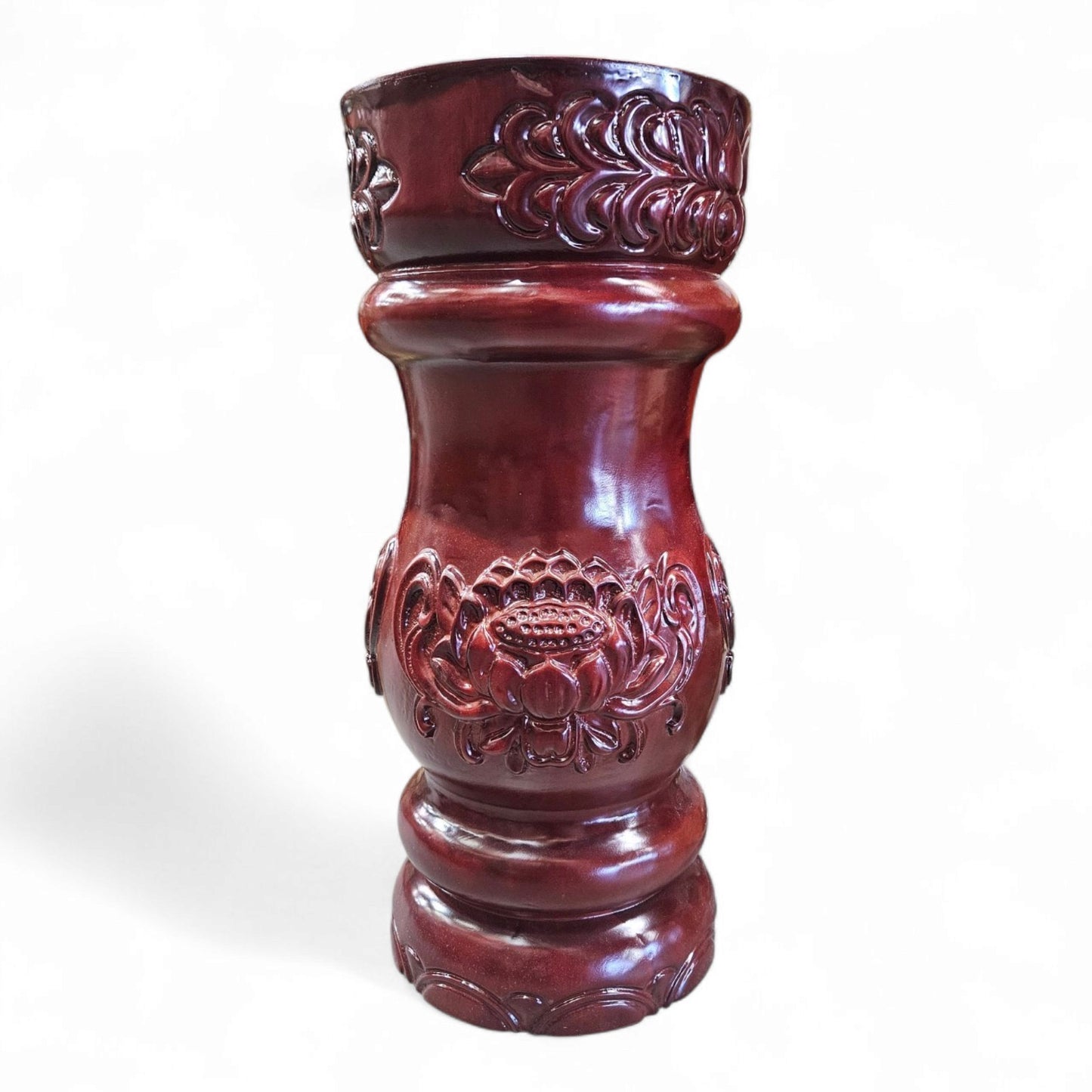 Pilon of Shango – Orula Red Cedar Wood, Carved Drum-Style Base with Lid – Santeria Orisha Offering Stand for Rituals and Altars