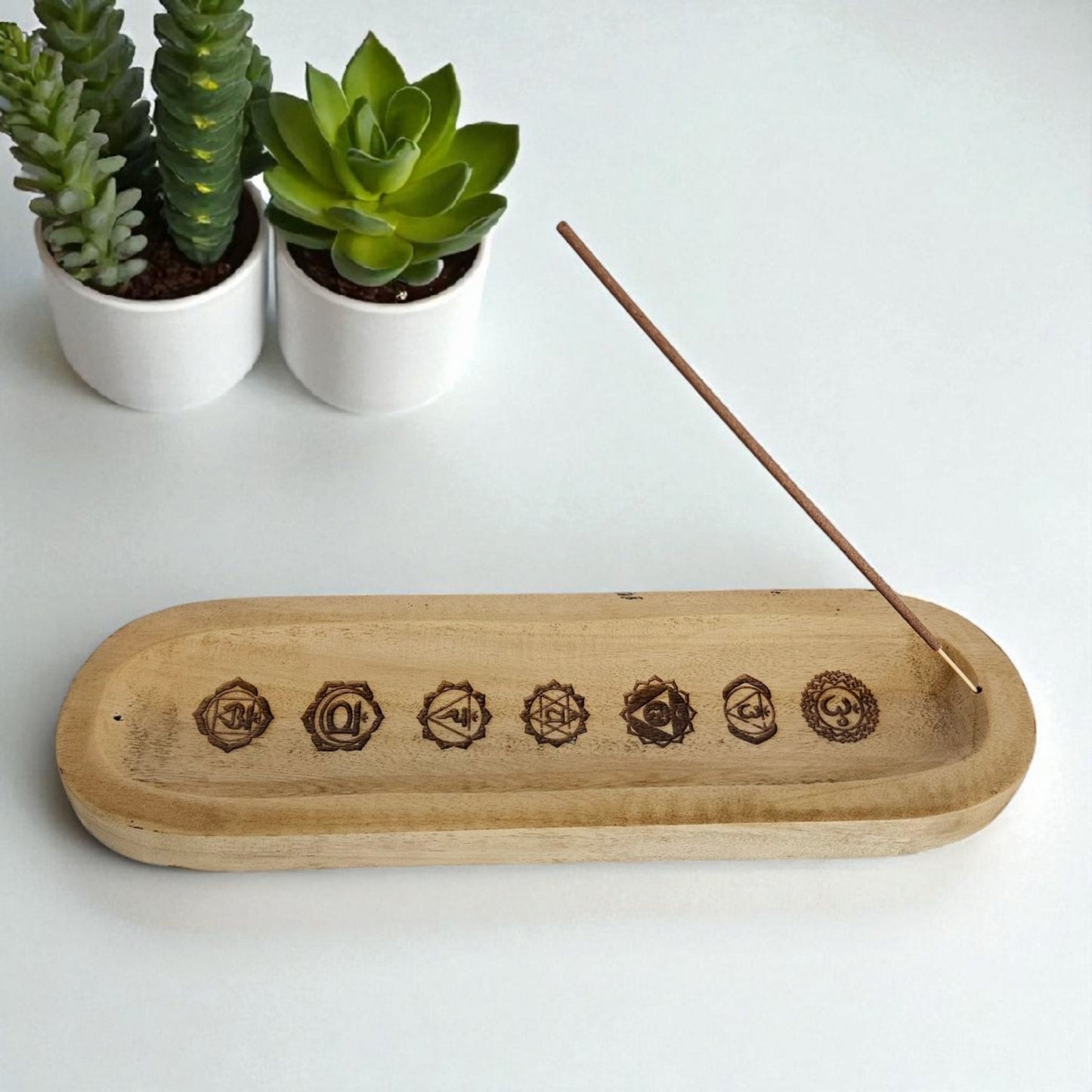 Wooden Chakra Incense Holder – Handcrafted Ash Catcher for Stick Incense | 7 Chakra Symbols Burner | Meditation & Spiritual Decor