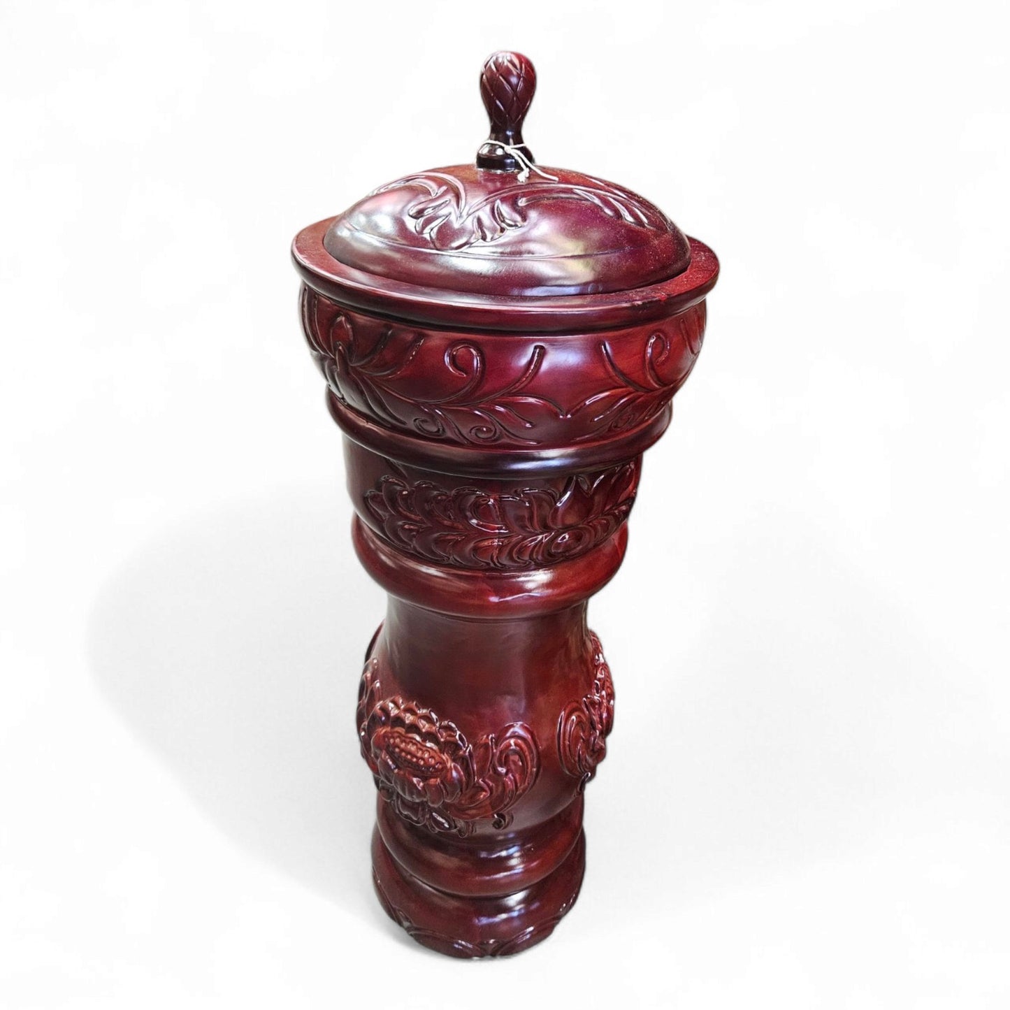 Pilon of Shango – Orula Red Cedar Wood, Carved Drum-Style Base with Lid – Santeria Orisha Offering Stand for Rituals and Altars