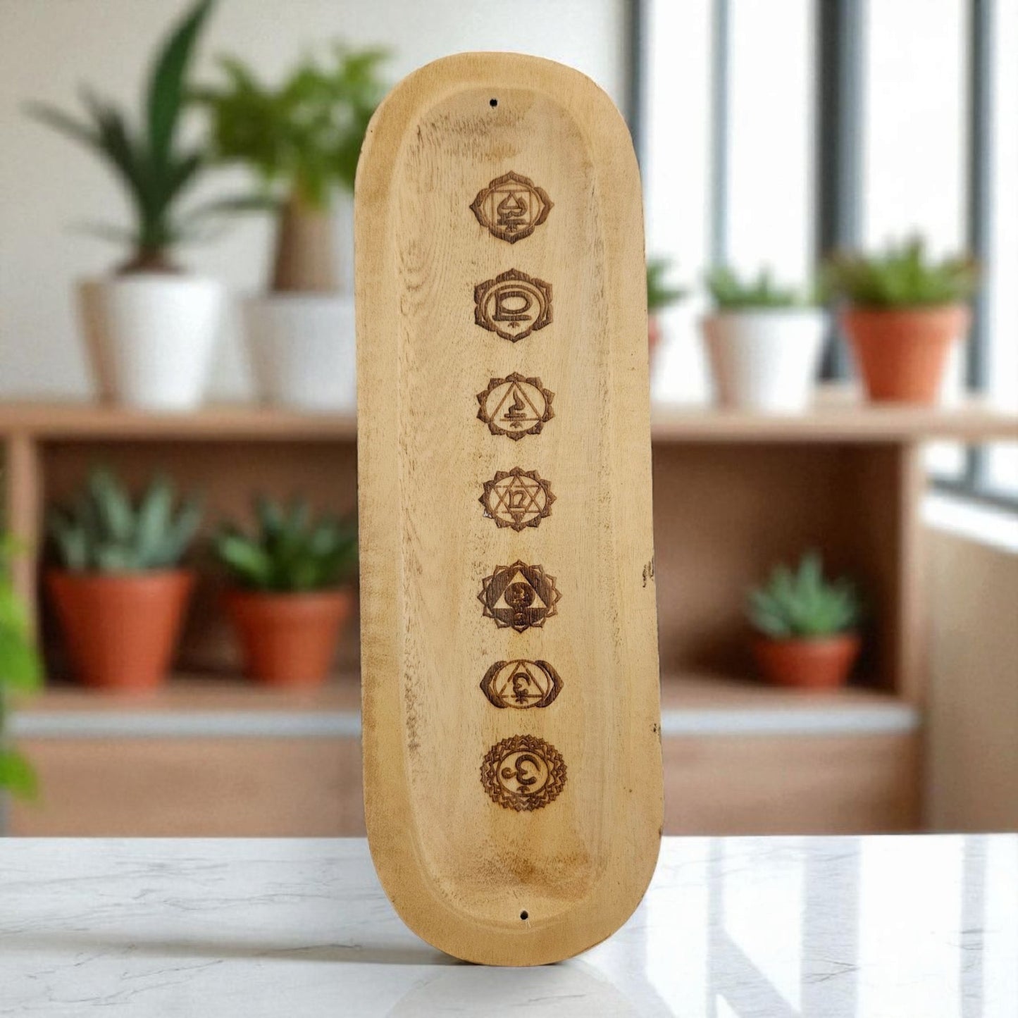 Wooden Chakra Incense Holder – Handcrafted Ash Catcher for Stick Incense | 7 Chakra Symbols Burner | Meditation & Spiritual Decor