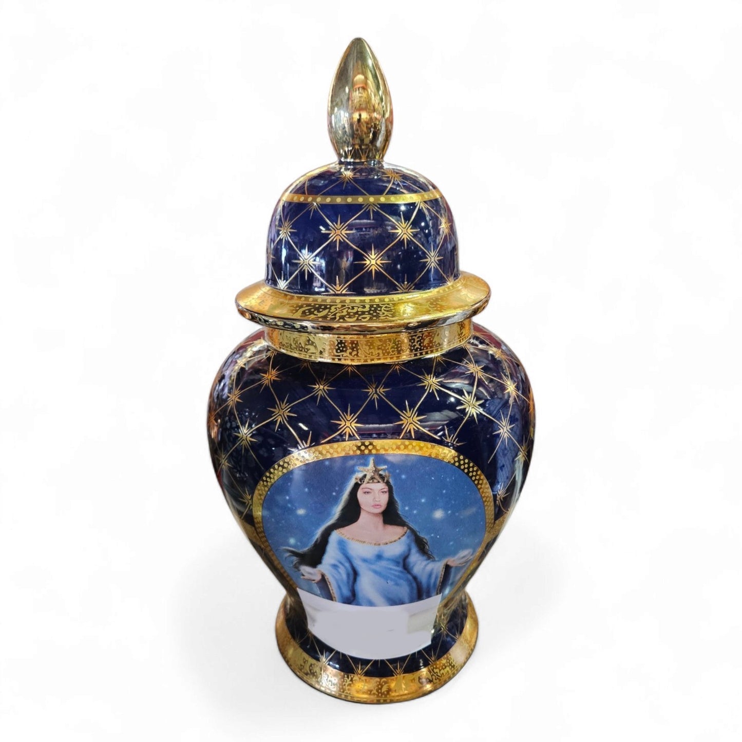 20" Porcelain Olokun Jar Potiche for Santería – Handcrafted Ritual Vase for Orisha Offering & Spiritual Altars – Eleggua, Yemaya, Ocean Deity Decor (Deep Sea Shells – Blue Glossy with White Shells)