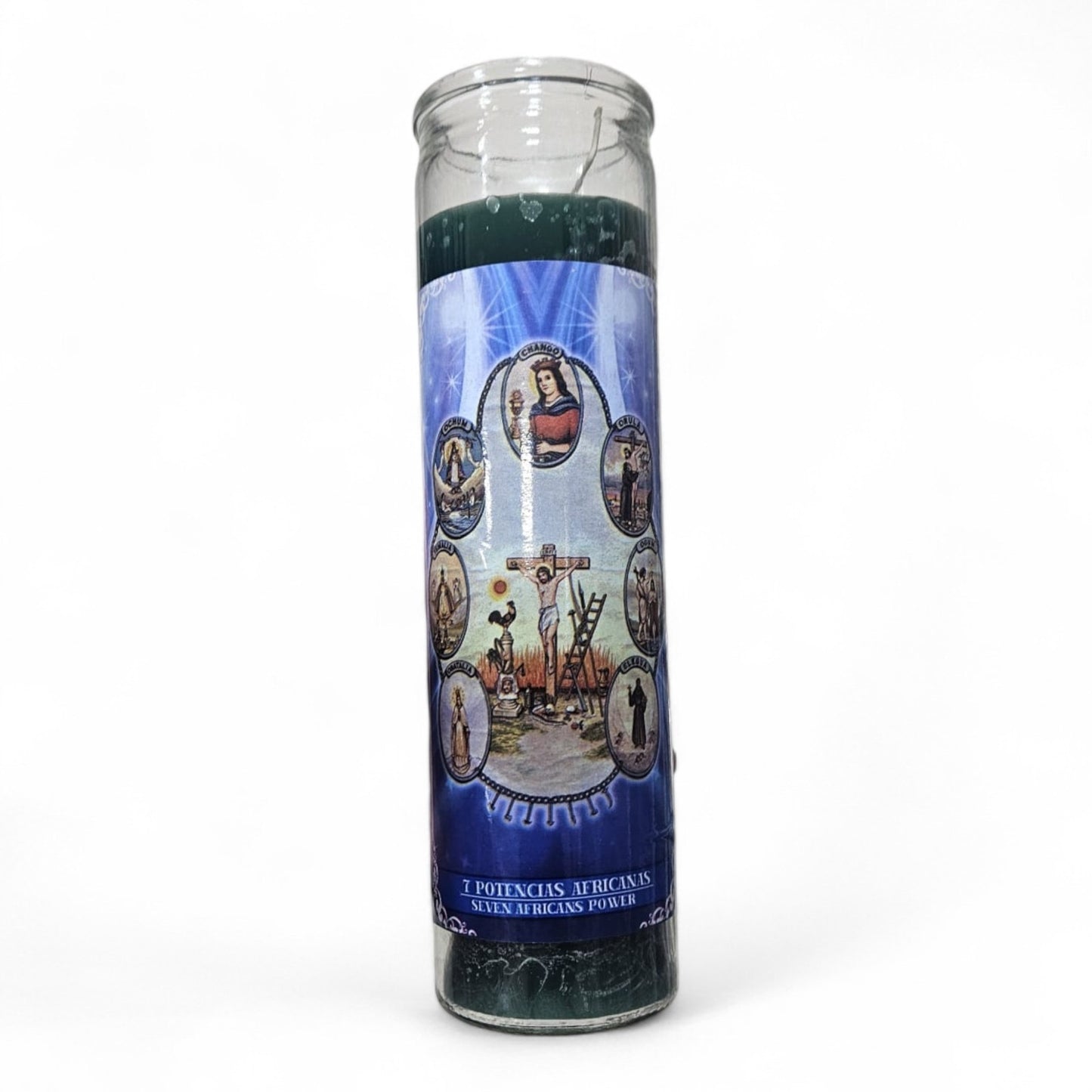Prayer Candle 7 Day Seven American Powers 8" Vela de Siete Potencias Africanas Unscented Pillar Candle in Glass