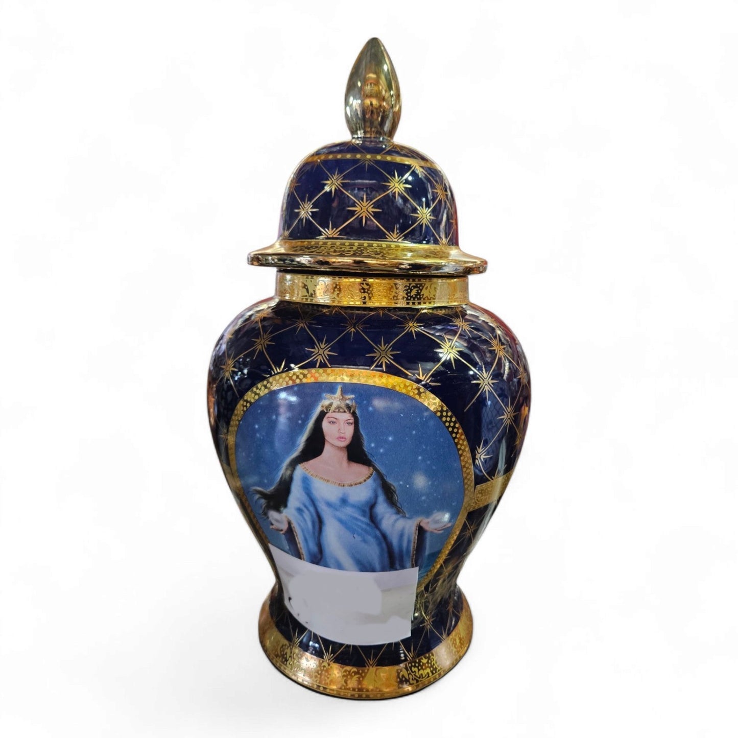 20" Porcelain Olokun Jar Potiche for Santería – Handcrafted Ritual Vase for Orisha Offering & Spiritual Altars – Eleggua, Yemaya, Ocean Deity Decor (Deep Sea Shells – Blue Glossy with White Shells)