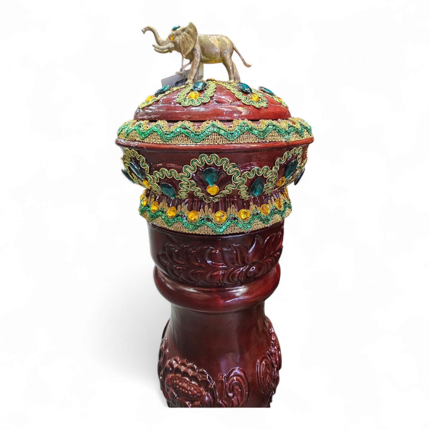 Set of 2 - Orula Pilon & Batea with Elephant – Handcrafted Santería Offering Bowl with Beaded Embellishments – Yoruba Ritual Altar Piece