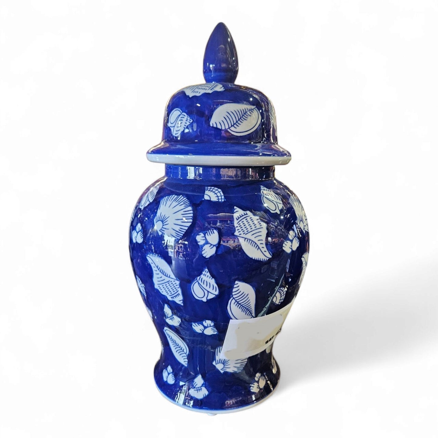 20" Porcelain Olokun Jar Potiche for Santería – Handcrafted Ritual Vase for Orisha Offering & Spiritual Altars – Eleggua, Yemaya, Ocean Deity Decor (Deep Sea Shells – Blue Glossy with White Shells)