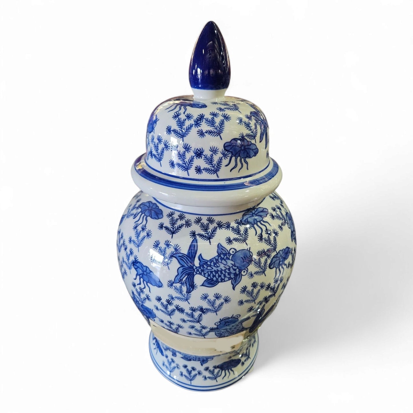 20" Porcelain Olokun Jar Potiche for Santería – Handcrafted Ritual Vase for Orisha Offering & Spiritual Altars – Eleggua, Yemaya, Ocean Deity Decor (Deep Sea Shells – Blue Glossy with White Shells)