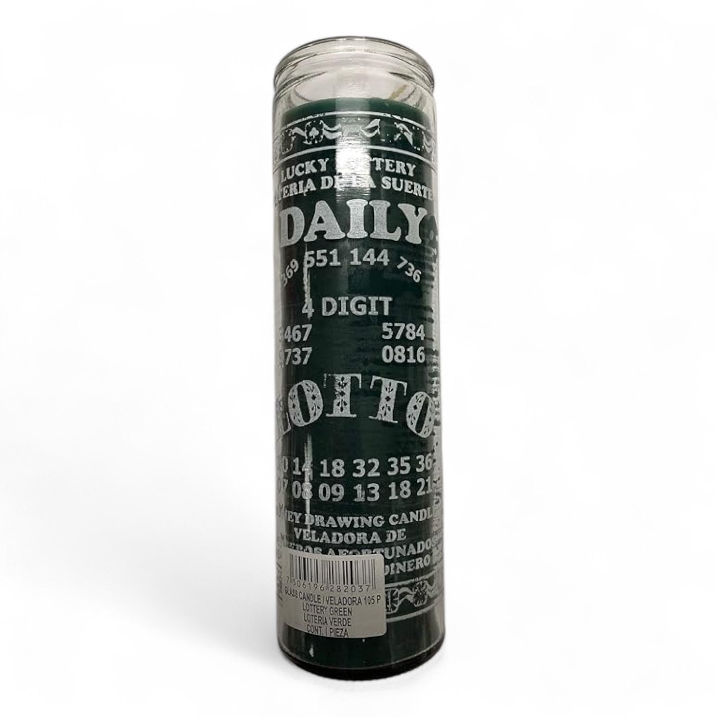 Prayer Candle 7 Day Daily Lotto 8" Loteria Diaria Unscented Pillar Candle in Glass