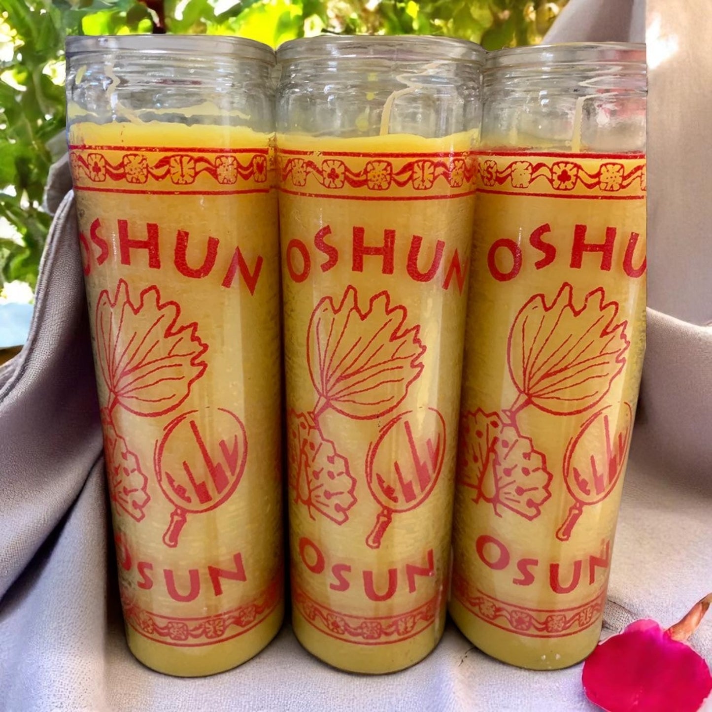 Prayer Candle 7 Day Oshun 8" Vela de Oshun Unscented Pillar Candle in Glass