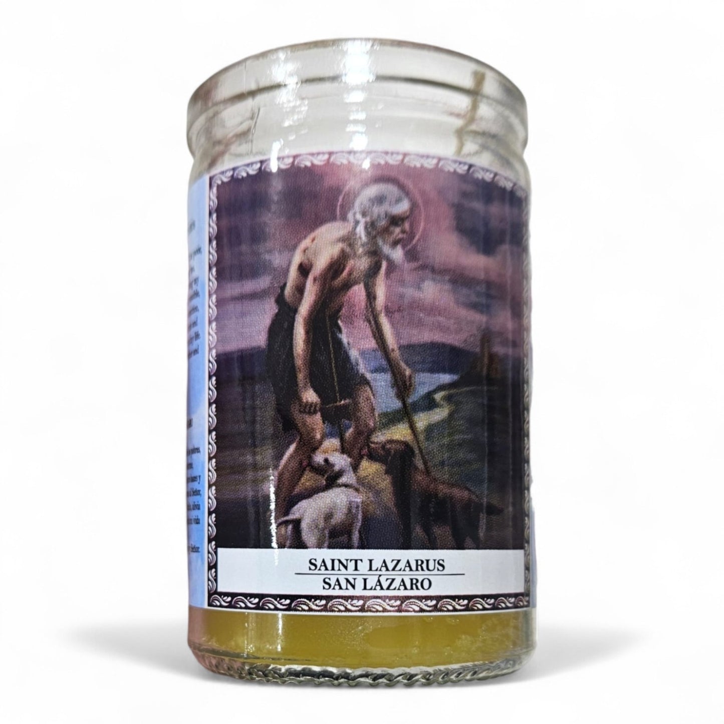 Prayer Candle 28 Hours Saint Lazarus 3.5" inch Vela de San Lazaro Unscented Pillar Candle in Glass