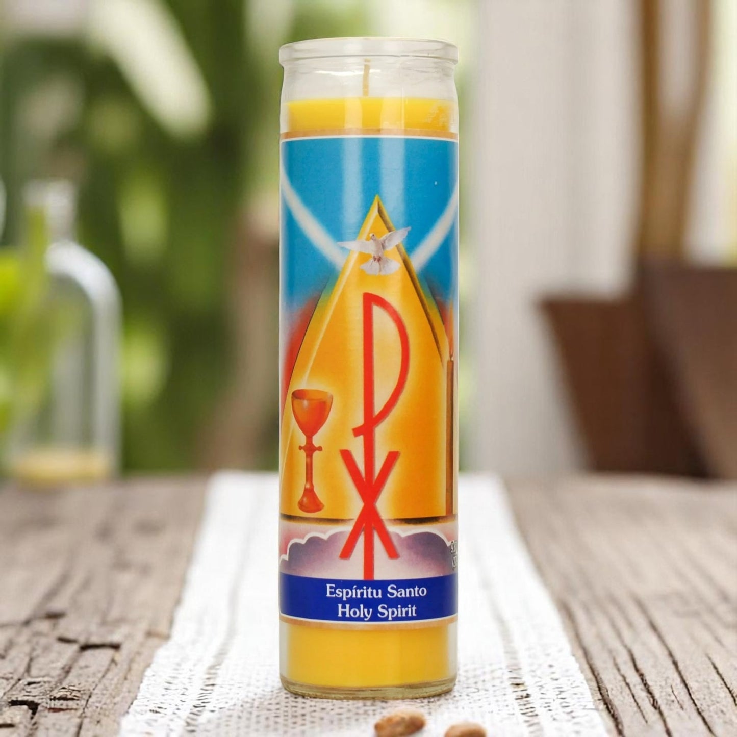 Prayer Candle 7 Day Holy Spirit 8" Vela de Espíritu Santo Unscented Pillar Candle in Glass
