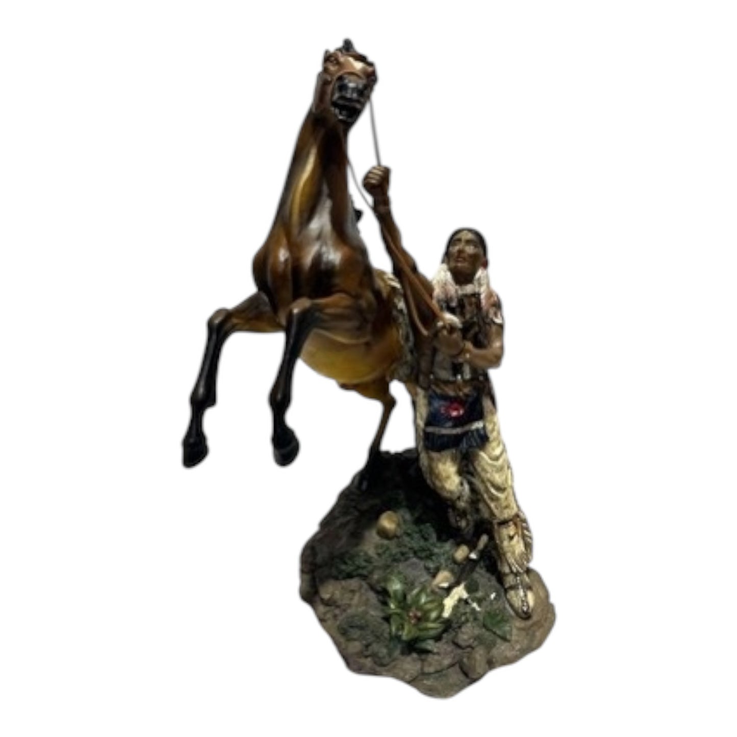 Indio Americano y Caballo Encabritado 13.5" Native American Indian with Rearing Horse - Religious Statue Figurine