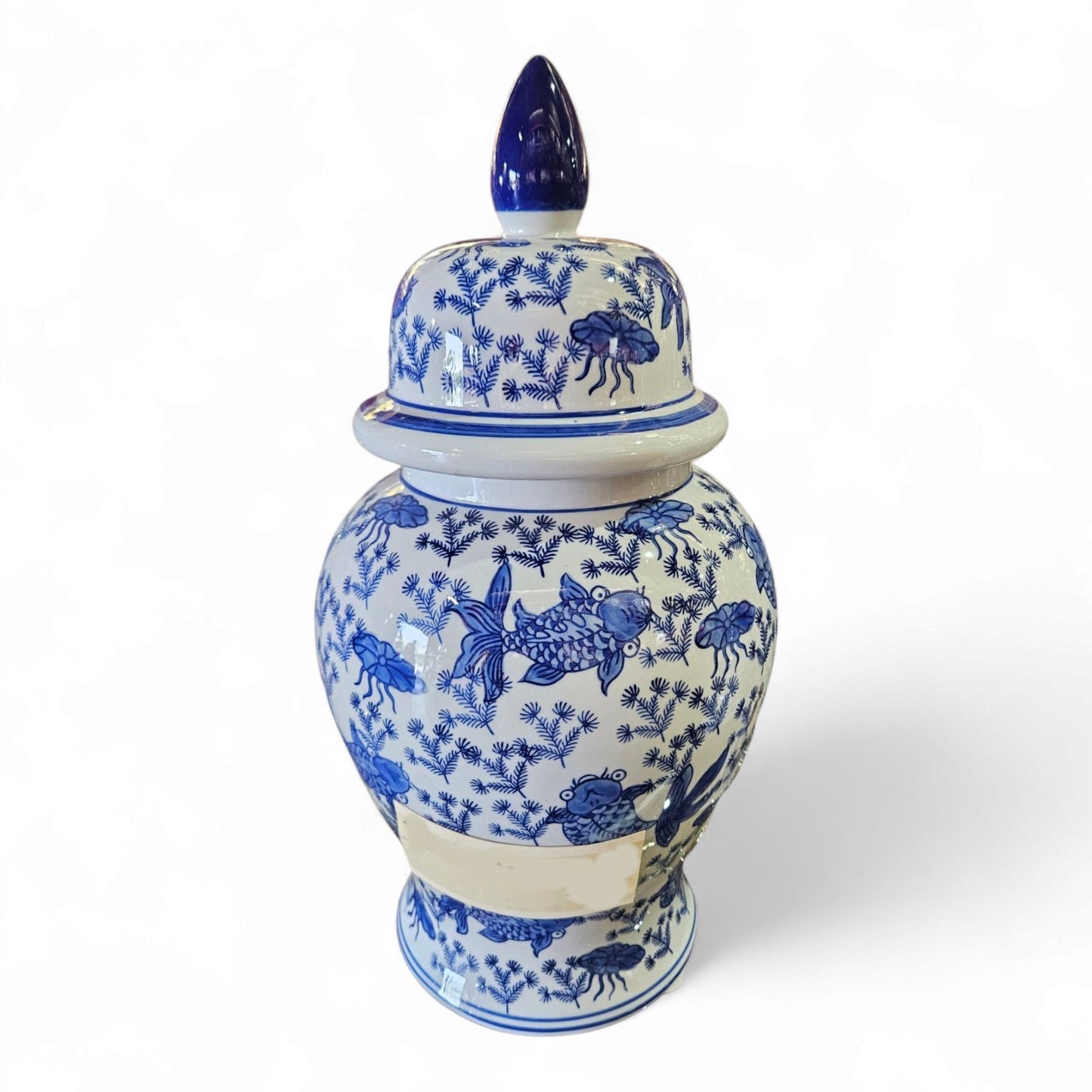 20" Porcelain Olokun Jar Potiche for Santería – Handcrafted Ritual Vase for Orisha Offering & Spiritual Altars – Eleggua, Yemaya, Ocean Deity Decor (Deep Sea Shells – Blue Glossy with White Shells)