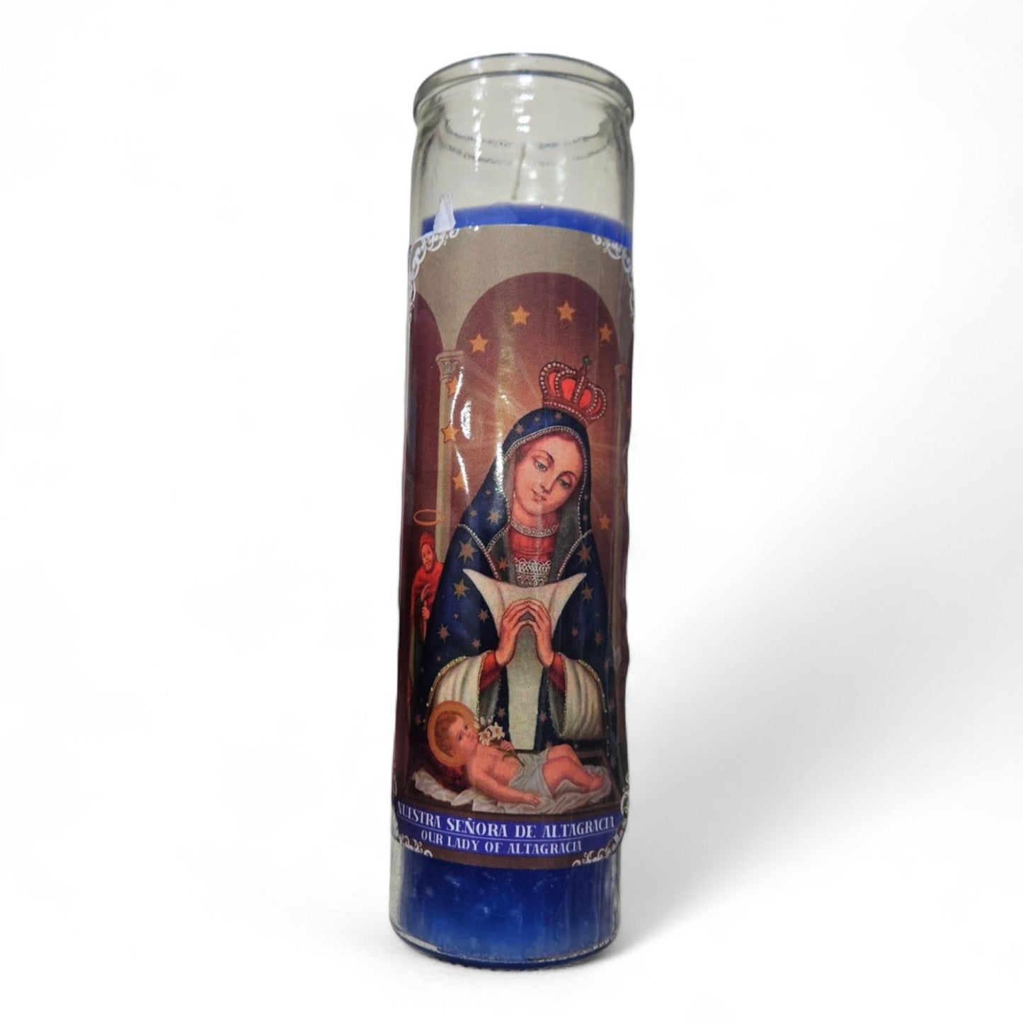 Prayer Candle 7 Day Our Lady of Altagracia 8" Vela de Señoda de Altagracia Unscented Pillar Candle in Glass