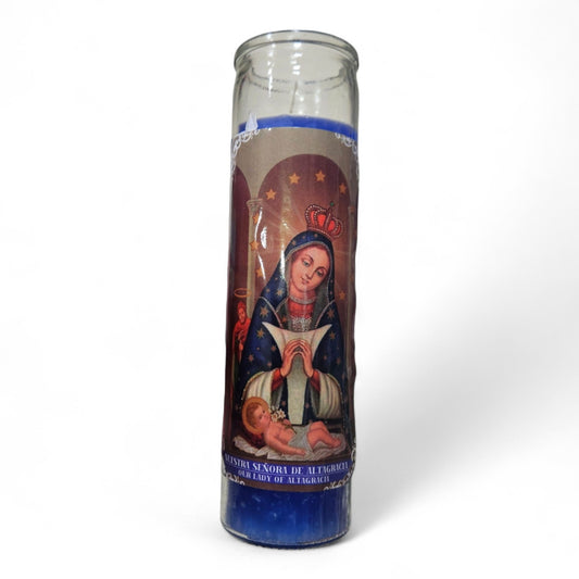 Prayer Candle 7 Day Our Lady of Altagracia 8" Vela de Señoda de Altagracia Unscented Pillar Candle in Glass