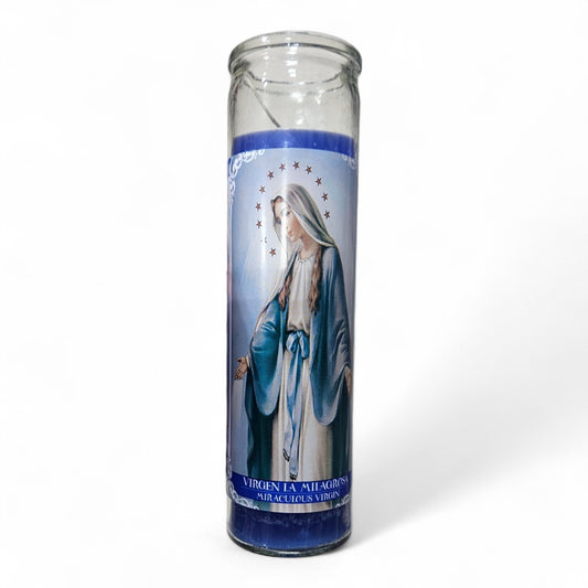 Prayer Candle 7 Day Milagrouse Virgin 8" Vela Virgen Milagrosa Unscented Pillar Candle in Glass