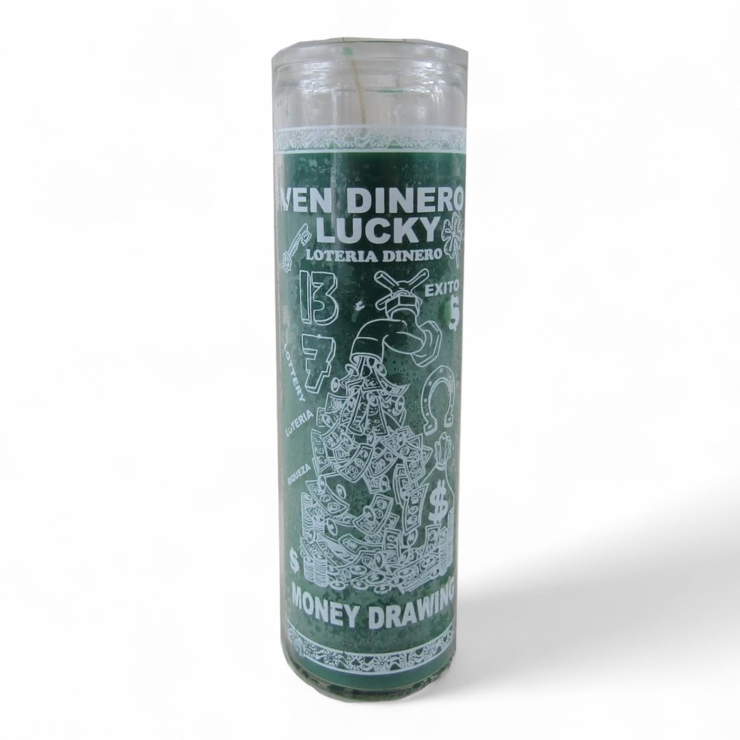 Prayer Candle 7 Day Money Drawing and Lucky 8" Dinero y Suerte Unscented Pillar Candle in Glass