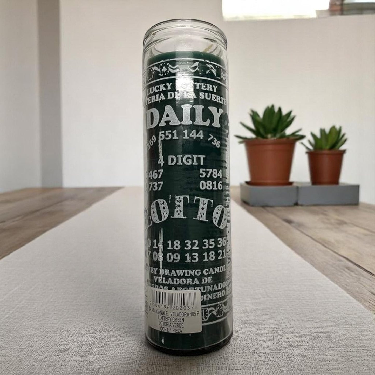 Prayer Candle 7 Day Daily Lotto 8" Loteria Diaria Unscented Pillar Candle in Glass
