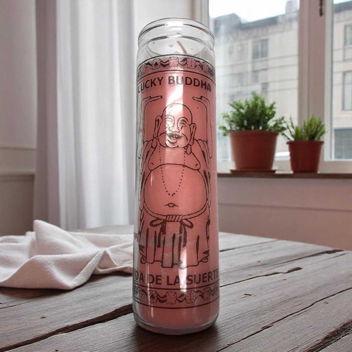 Prayer Candle 7 Lucky Buddha 8" Vela de Buda de la Suerte Unscented Pillar Candle in Glass