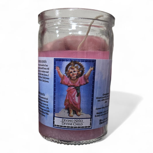 Prayer Candle 28 Hours Divine Child Jesus 3.5" inch Vela de Divino Niño de Jesús Unscented Pillar Candle in Glass
