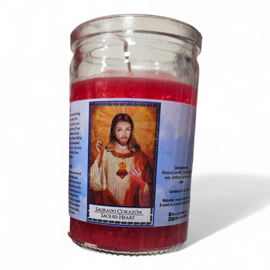 Prayer Candle 28 Hours Sacred Heart Jesus 3.5" inch Vela de Sagrado Corazón de Jesús Unscented Pillar Candle in Glass