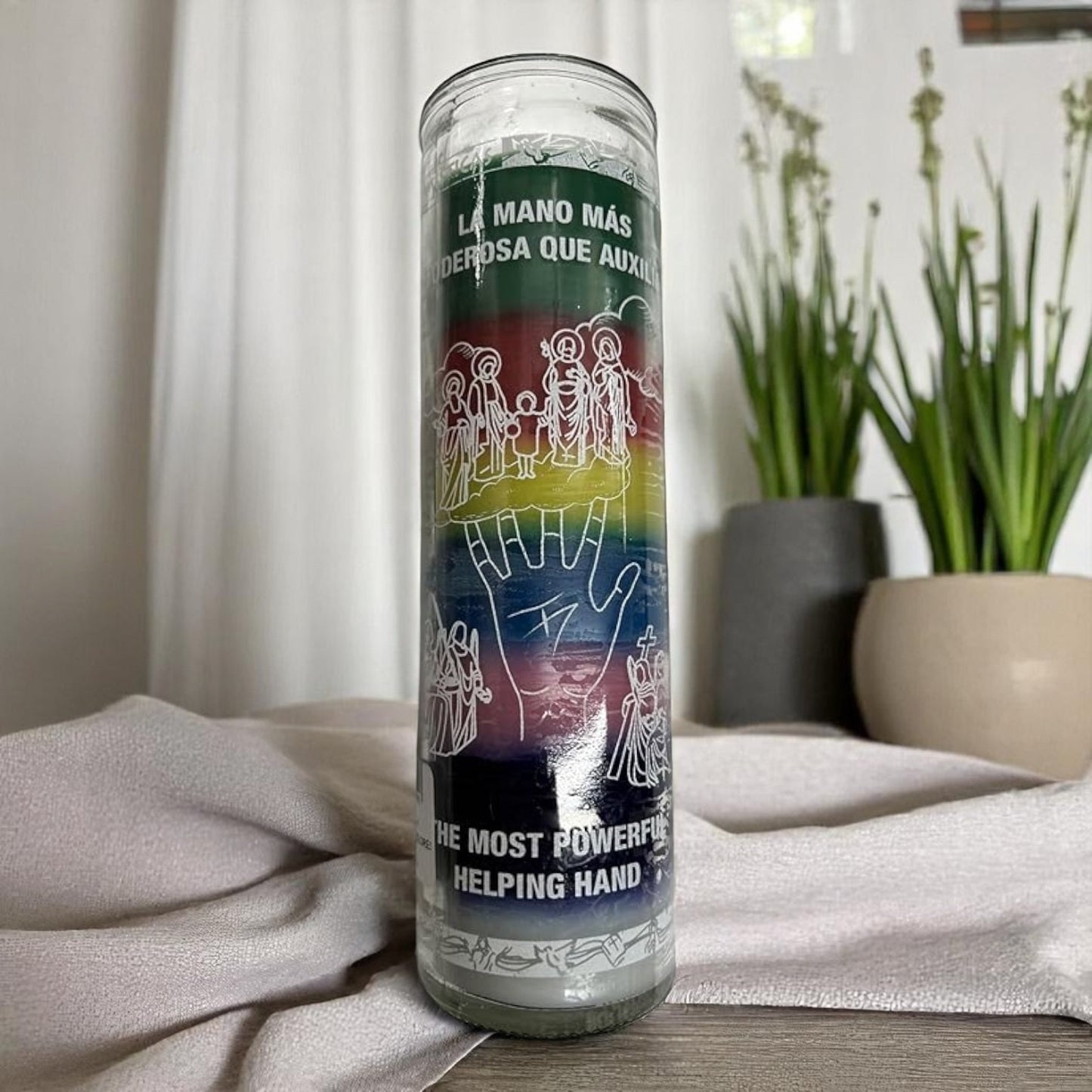 Prayer Candle 7 Day The Most Powerful Hand Vela La Mano más poderosa 8" Inch Unscented Pillar Candle in Glass