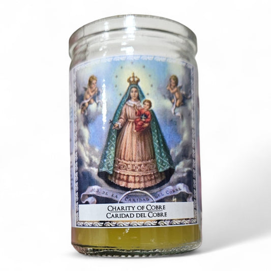 Prayer Candle 28 Hours Charity of Cobre 3.5" inch Vela de Caridad del Cobre Unscented Pillar Candle in Glass